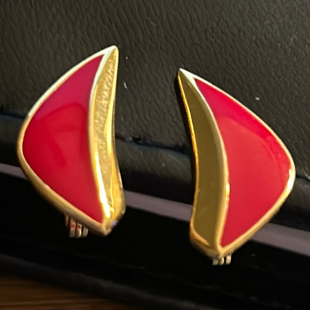 Red and gold enamel Monet clip on earrings vintage